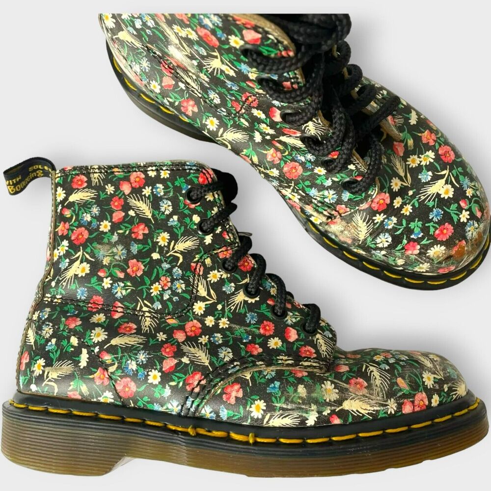 Dr. Martens Floral Made in England Leather Boots US 6 UK 4 Eye 90's Wheat Black - Picture 15 of 15